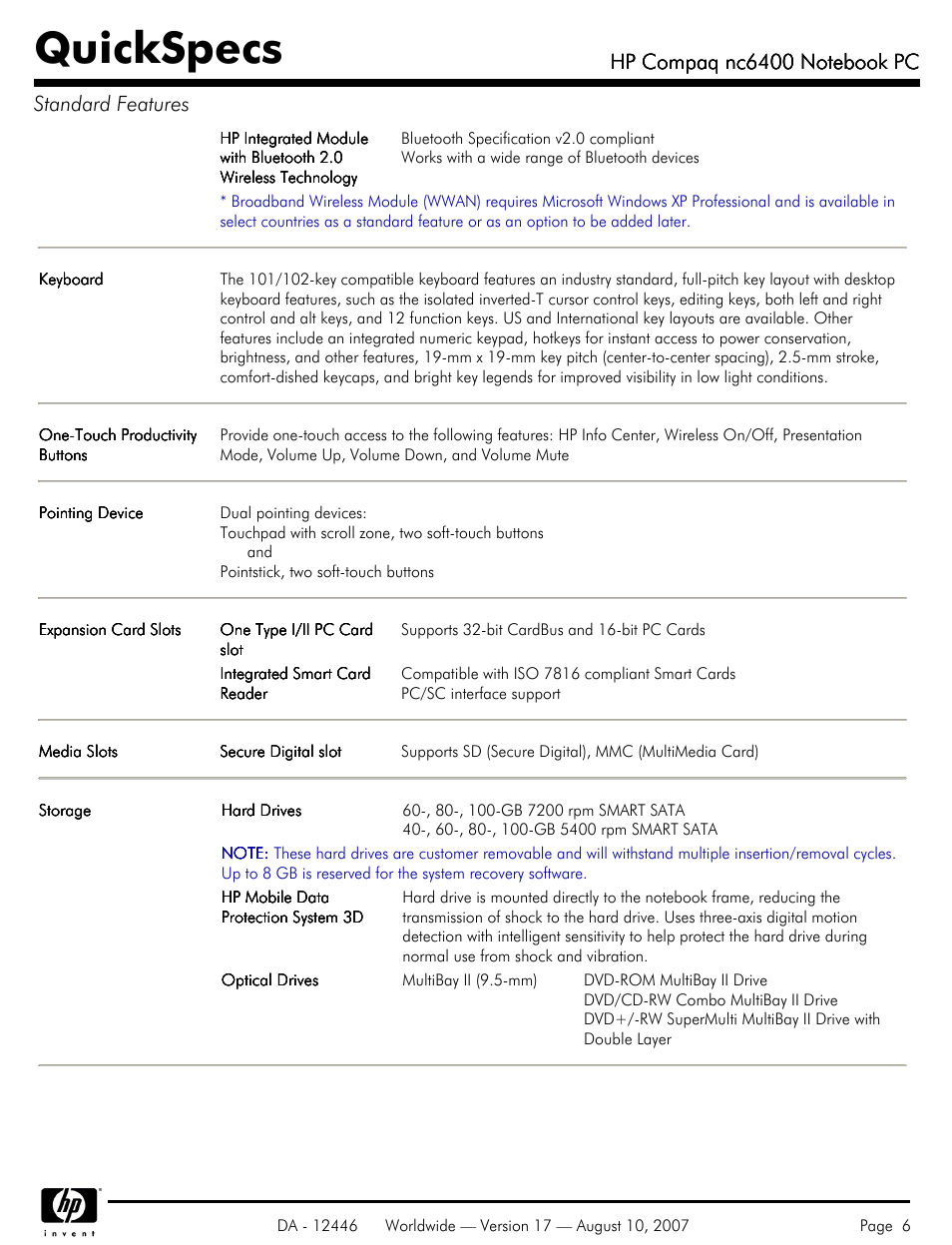 Quickspecs | HP NC6400 User Manual | Page 6 / 44