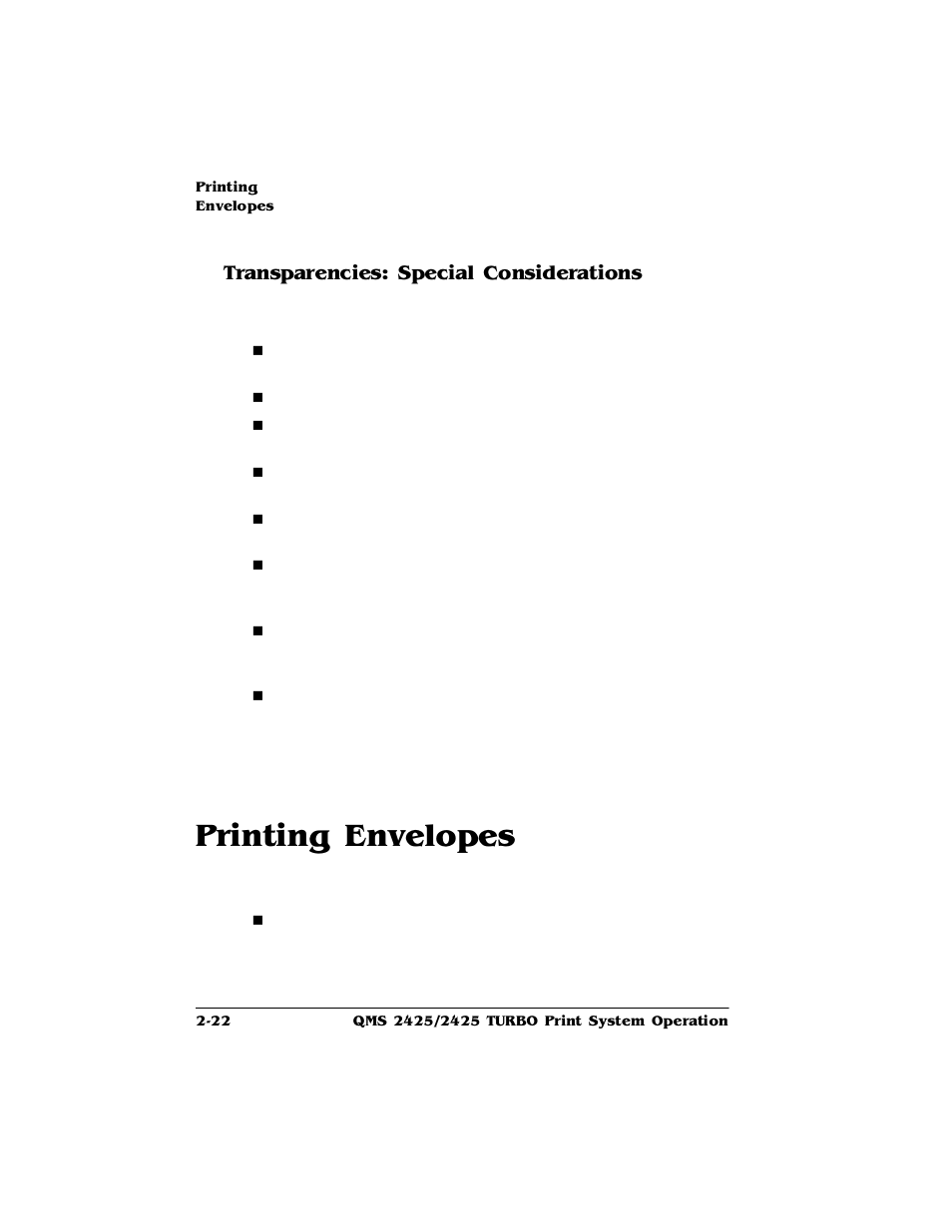 Transparencies: special considerations, Printing envelopes, Transparencies: special considerations 2-22 | Printing envelopes -22, 3ulqwlqj(qyhorshv, 7udqvsduhqflhv6shfldo&rqvlghudwlrqv | HP 2425 User Manual | Page 34 / 186