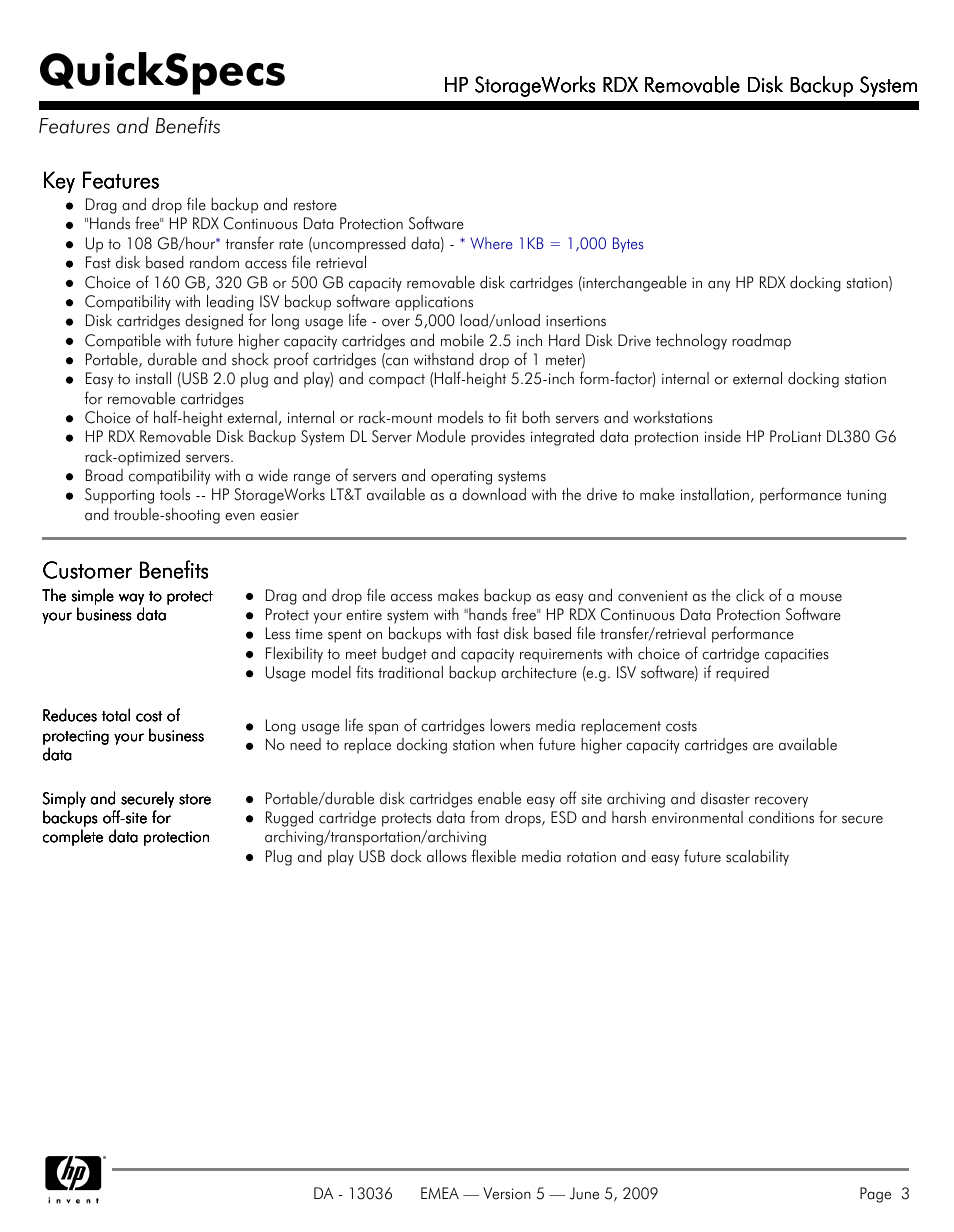 Features and benefits, Quickspecs, Key features | Customer benefits | HP RDX REMOVABLE DISK BACKUP SYSTEM DL380 User Manual | Page 3 / 14