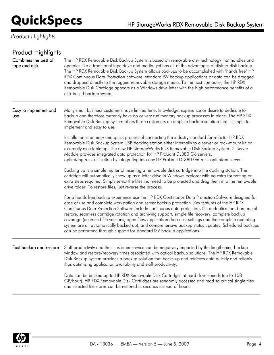 Product highlights, Quickspecs | HP RDX REMOVABLE DISK BACKUP SYSTEM DL380 User Manual | Page 4 / 14