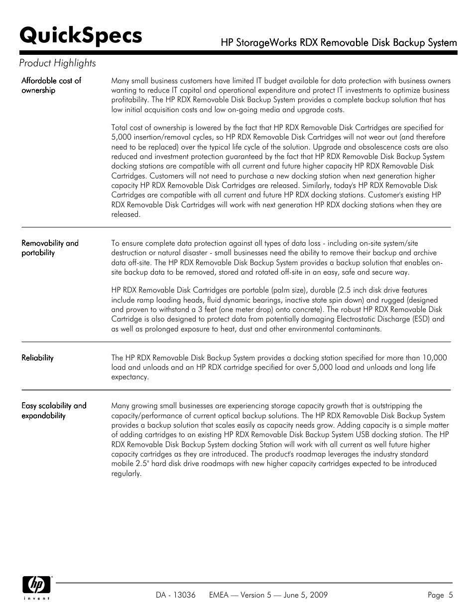 Quickspecs | HP RDX REMOVABLE DISK BACKUP SYSTEM DL380 User Manual | Page 5 / 14
