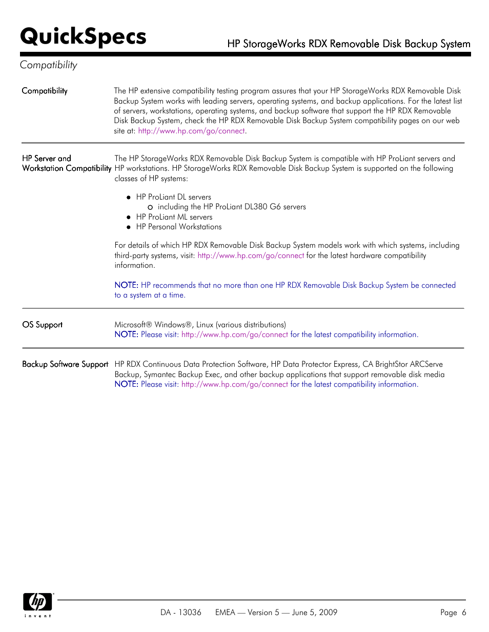 Compatibility, Quickspecs | HP RDX REMOVABLE DISK BACKUP SYSTEM DL380 User Manual | Page 6 / 14