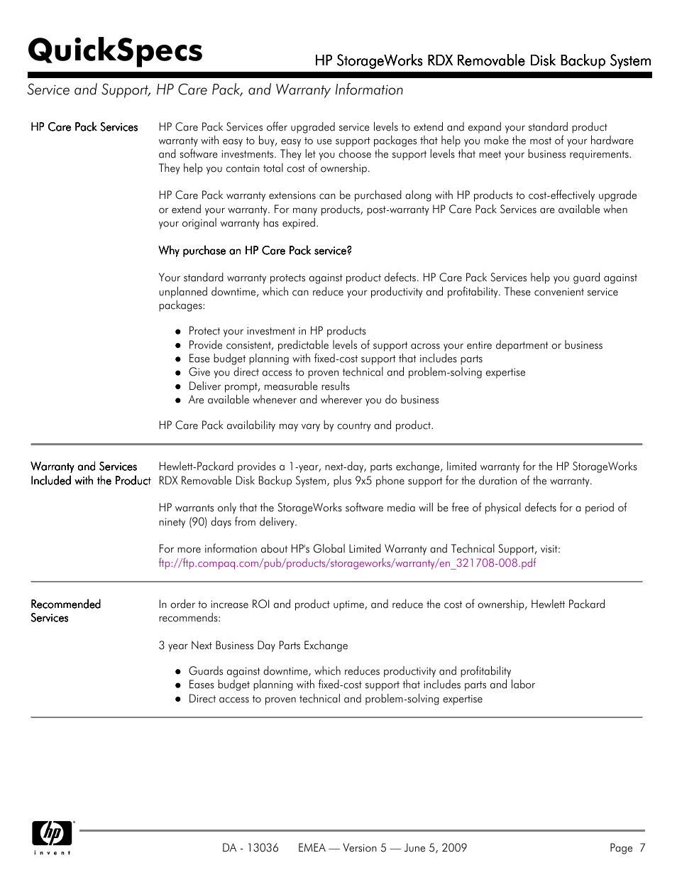 Quickspecs | HP RDX REMOVABLE DISK BACKUP SYSTEM DL380 User Manual | Page 7 / 14