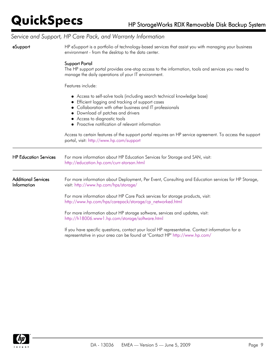 Quickspecs | HP RDX REMOVABLE DISK BACKUP SYSTEM DL380 User Manual | Page 9 / 14