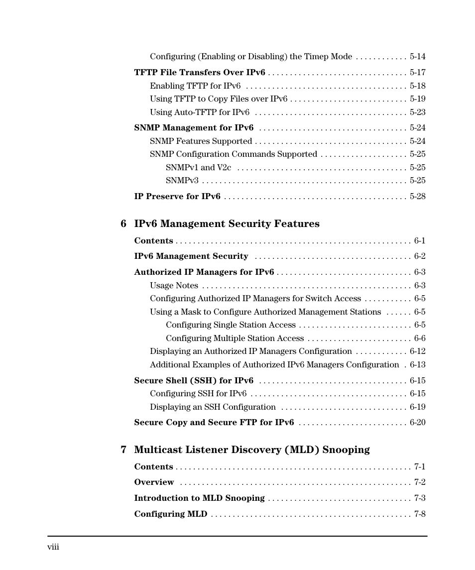 6 ipv6 management security features, 7 multicast listener discovery (mld) snooping | HP 6200YL User Manual | Page 10 / 314
