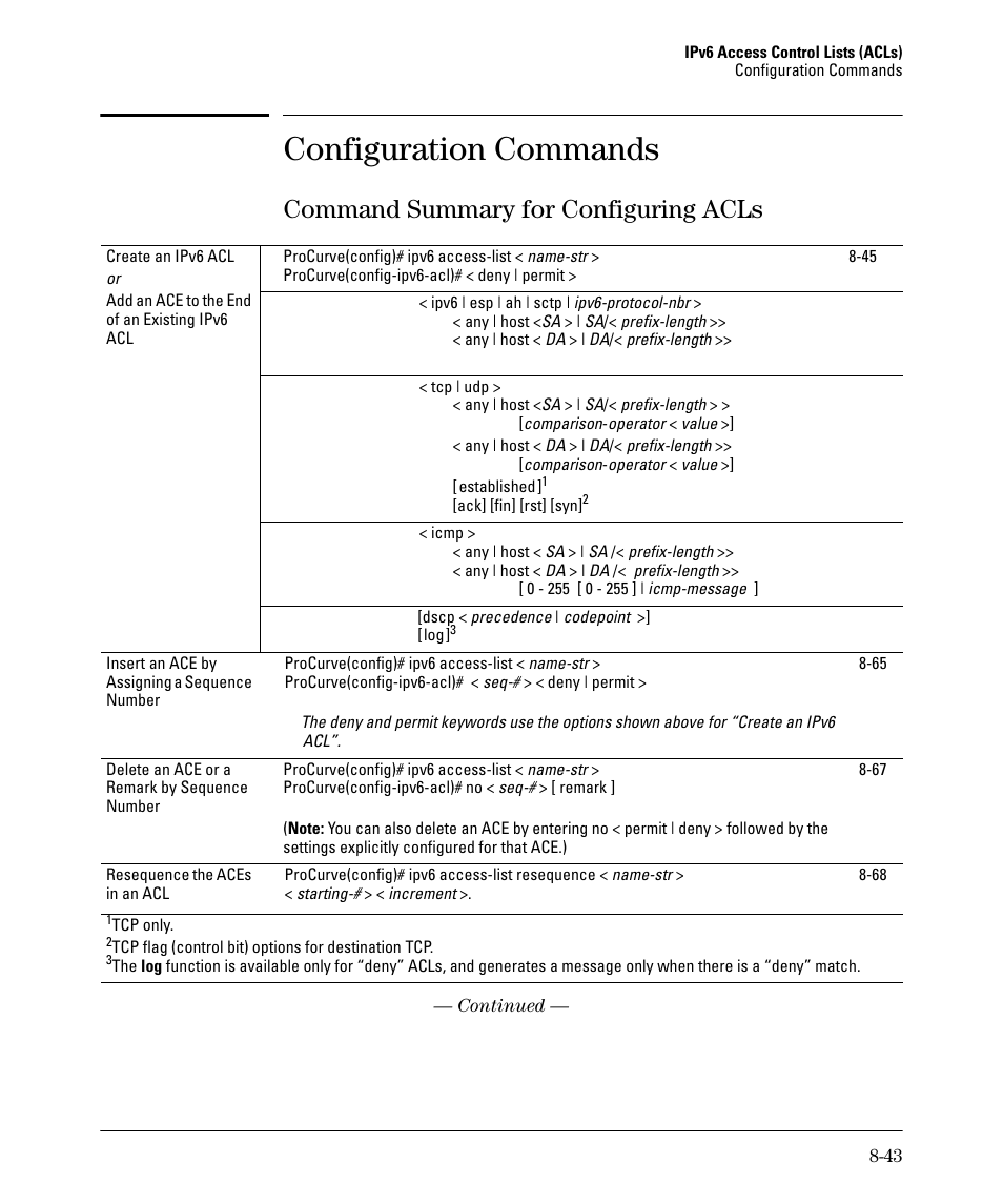 Configuration commands, Command summary for configuring acls, Command summary for configuring acls -43 | HP 6200YL User Manual | Page 219 / 314