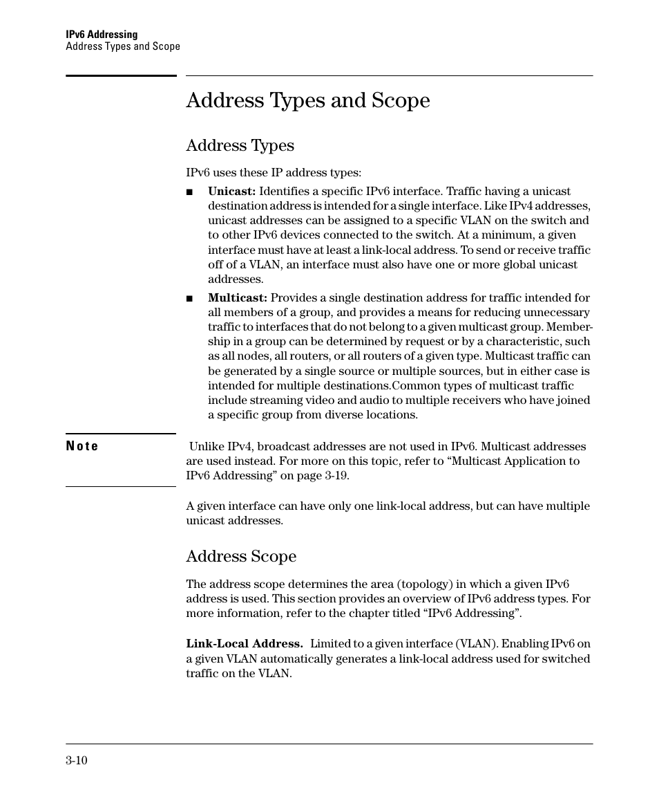 Address types and scope, Address types, Address scope | Address types -10, Address scope -10 | HP 6200YL User Manual | Page 54 / 314