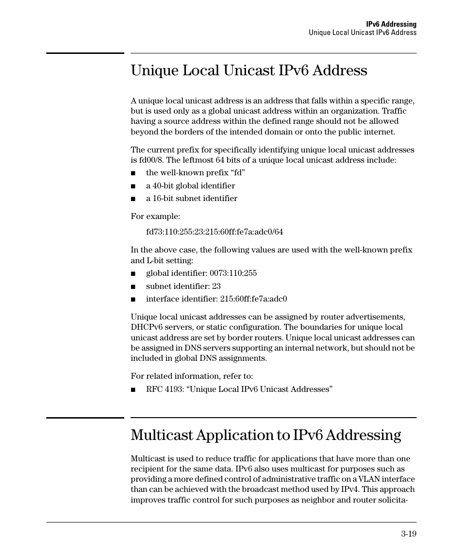Unique local unicast ipv6 address, Multicast application to ipv6 addressing | HP 6200YL User Manual | Page 63 / 314