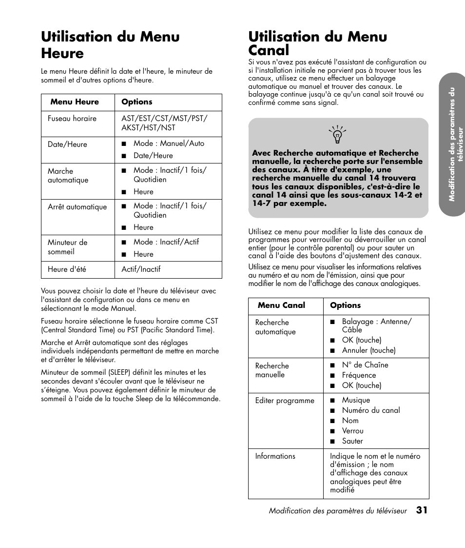 Utilisation du menu heure, Utilisation du menu canal | HP PL4260N User Manual | Page 103 / 186