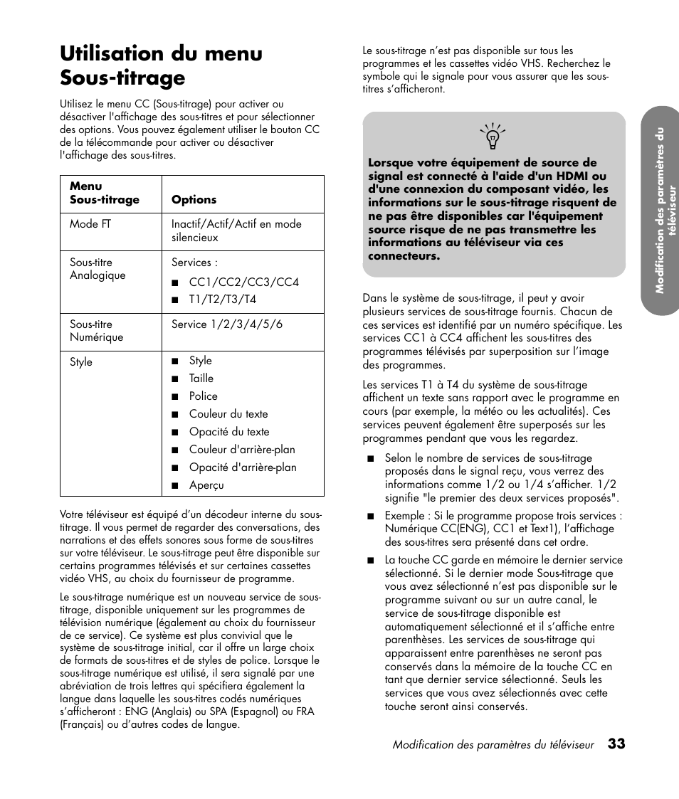 Utilisation du menu sous-titrage | HP PL4260N User Manual | Page 105 / 186