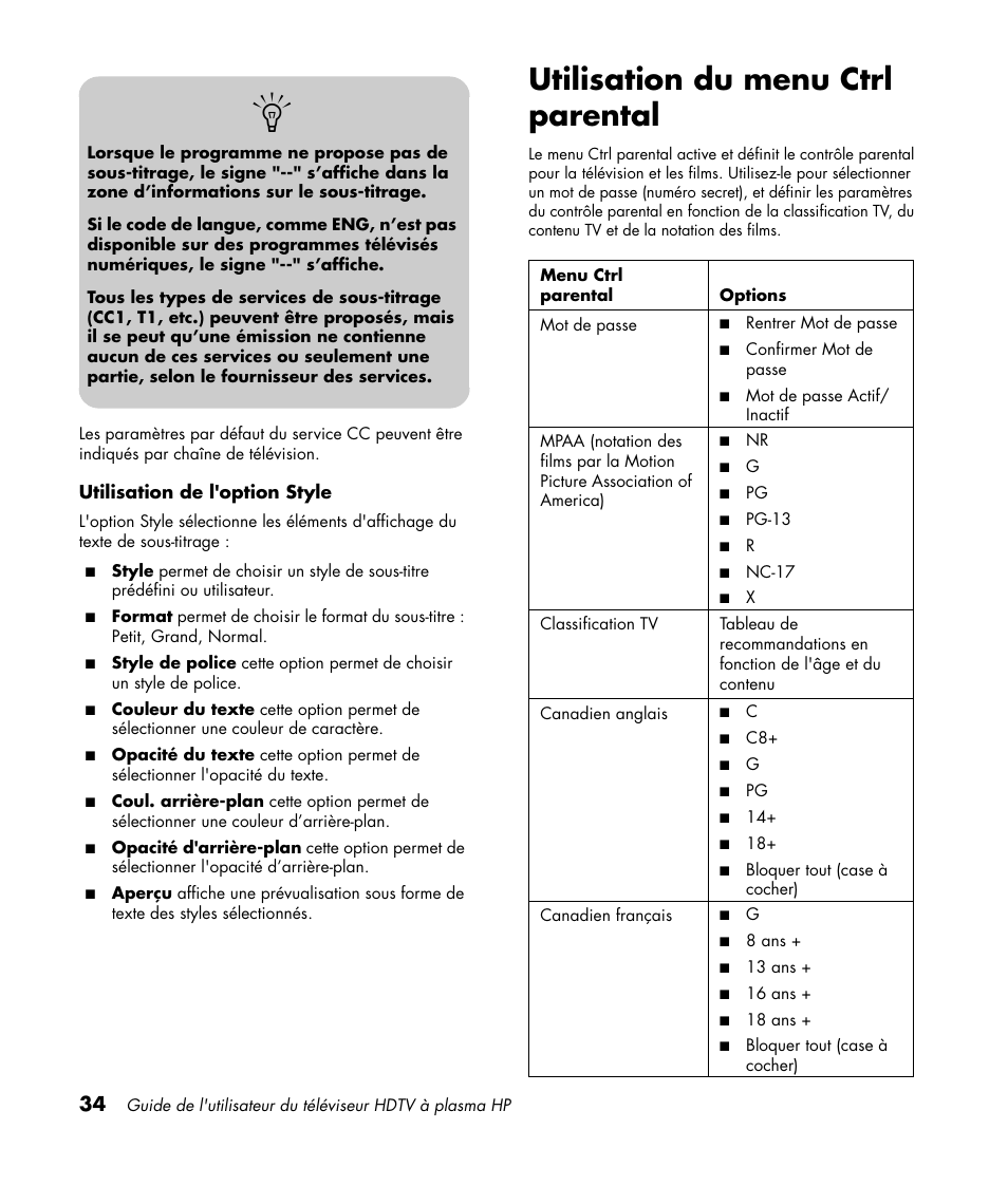 Utilisation du menu ctrl parental | HP PL4260N User Manual | Page 106 / 186