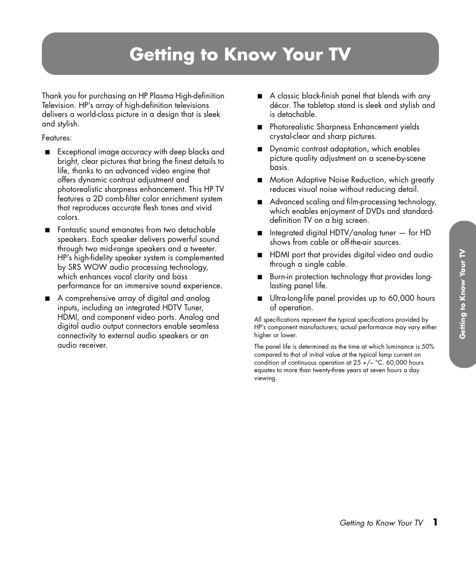 Getting to know your tv | HP PL4260N User Manual | Page 11 / 186