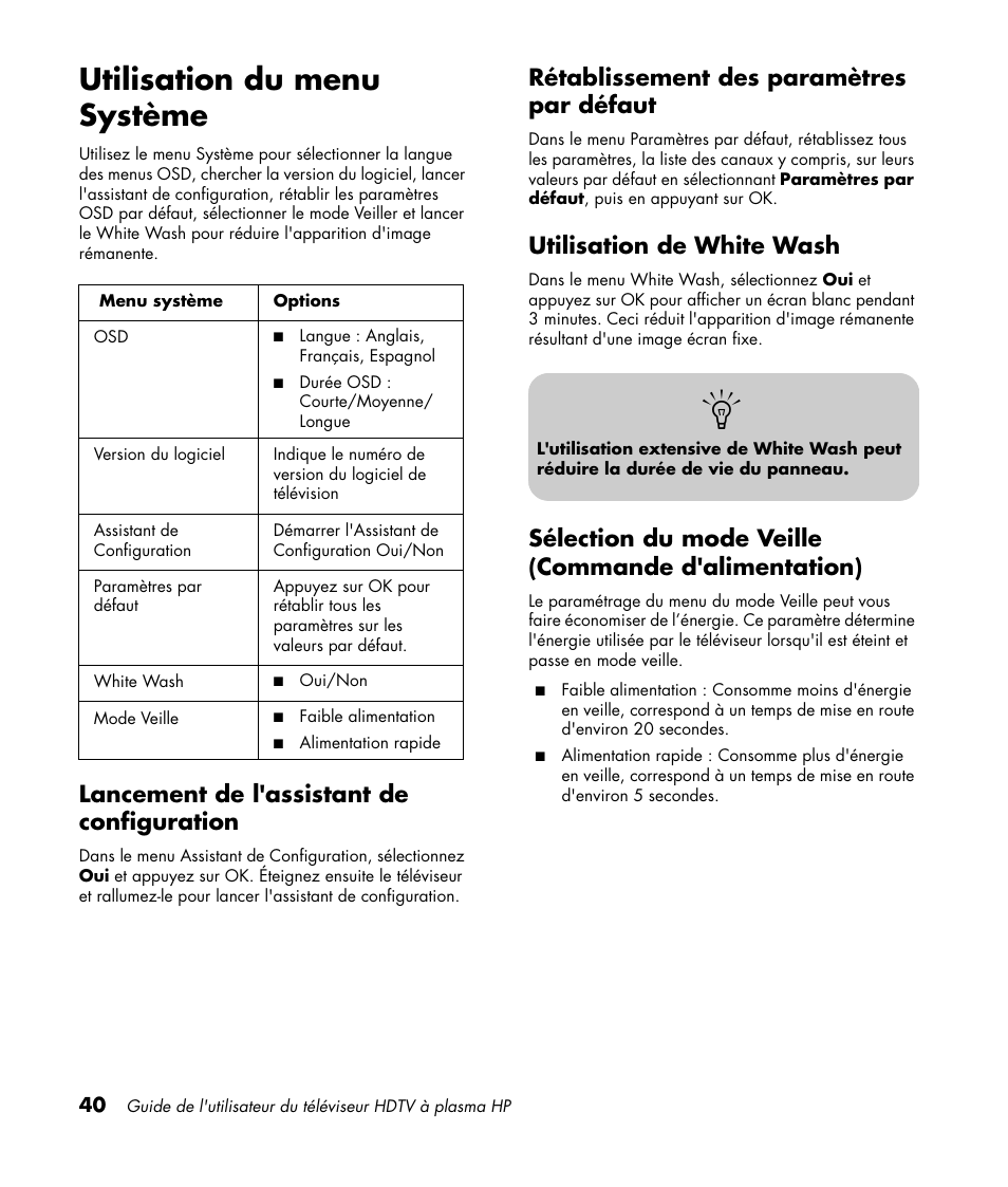 Utilisation du menu système, Lancement de l'assistant de configuration, Rétablissement des paramètres par défaut | Utilisation de white wash, Sélection du mode veille (commande d'alimentation) | HP PL4260N User Manual | Page 112 / 186