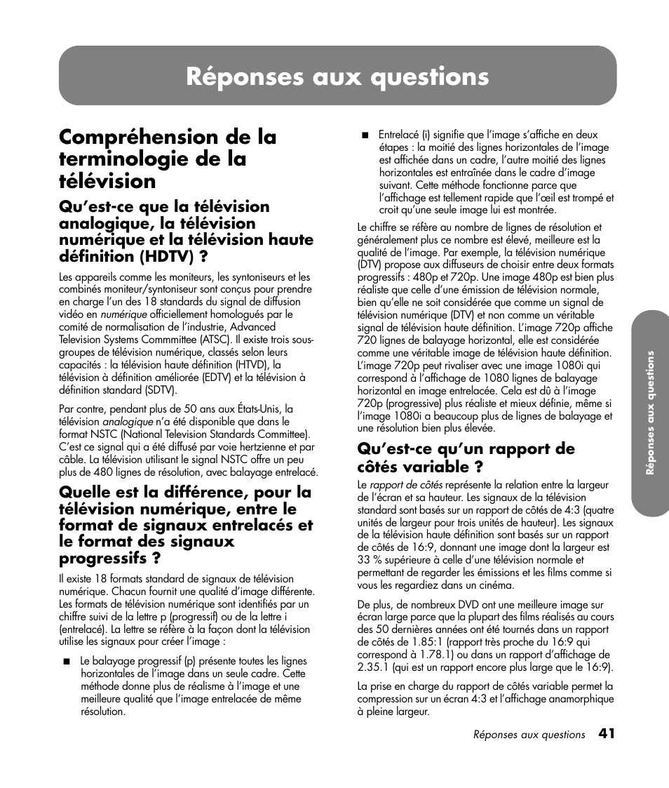 Réponses aux questions, Compréhension de la terminologie de la télévision, Qu’est-ce qu’un rapport de côtés variable | HP PL4260N User Manual | Page 113 / 186