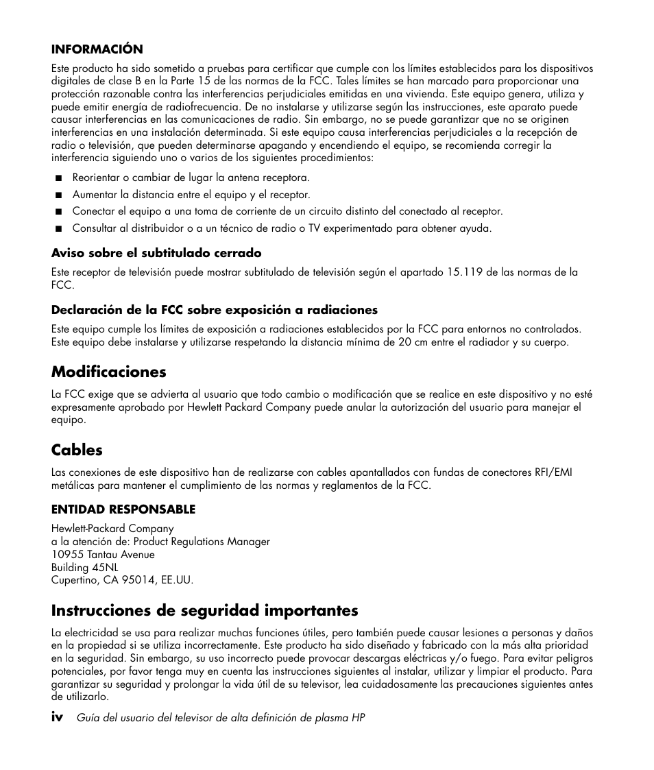 Modificaciones, Cables, Instrucciones de seguridad importantes | HP PL4260N User Manual | Page 128 / 186
