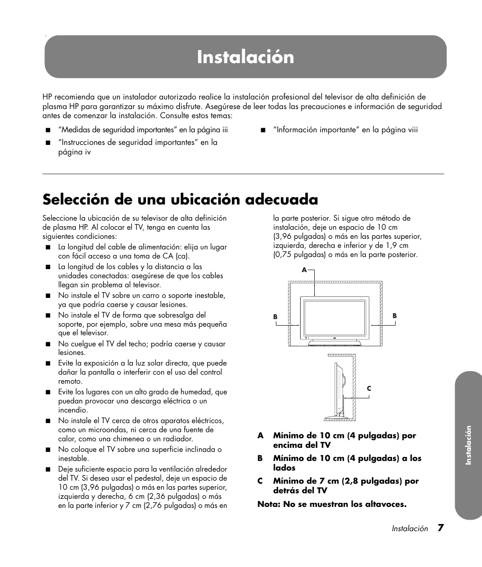 Instalación, Selección de una ubicación adecuada | HP PL4260N User Manual | Page 141 / 186