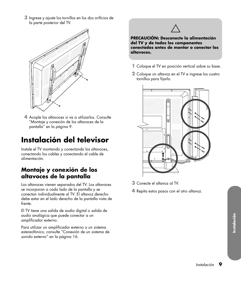 Instalación del televisor, Montaje y conexión de los altavoces de la pantalla | HP PL4260N User Manual | Page 143 / 186