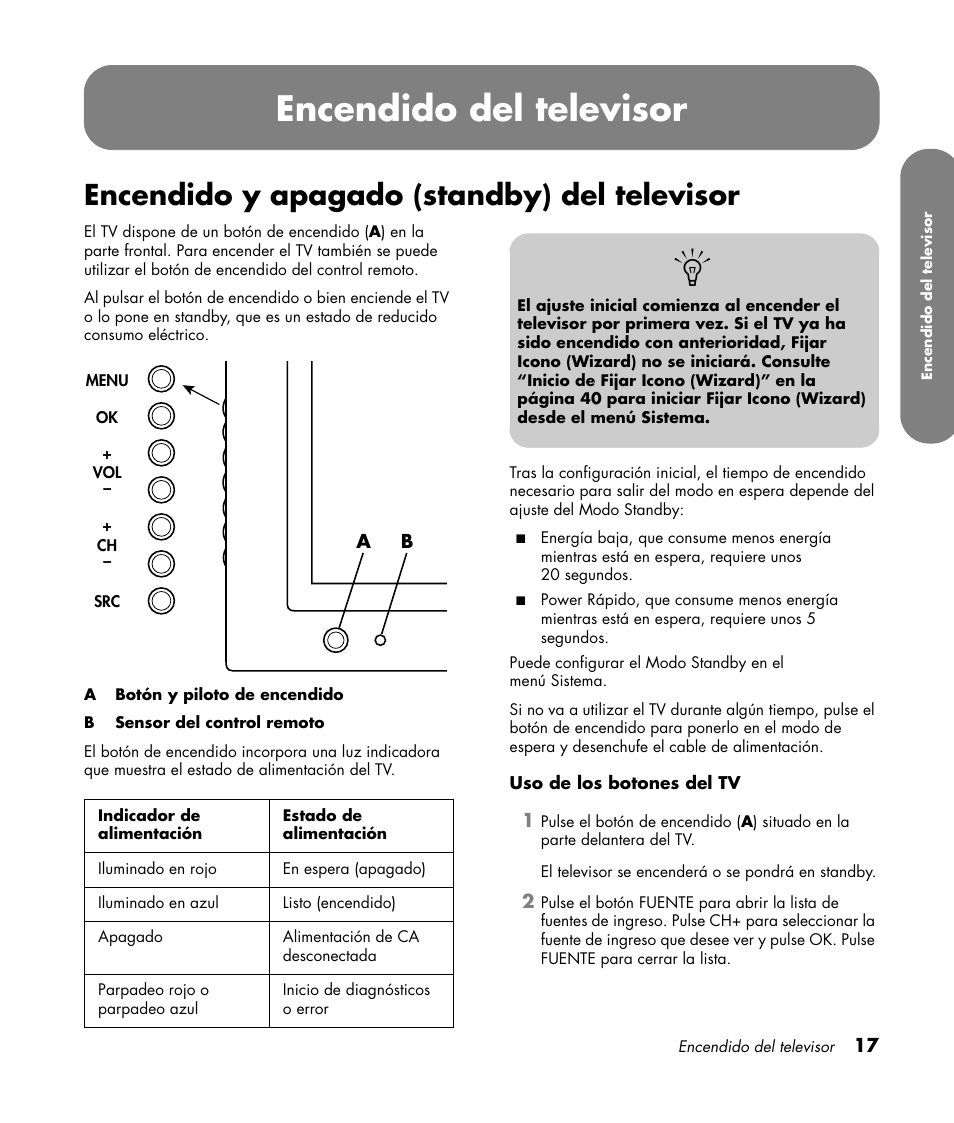 Encendido del televisor, Encendido y apagado (standby) del televisor | HP PL4260N User Manual | Page 151 / 186