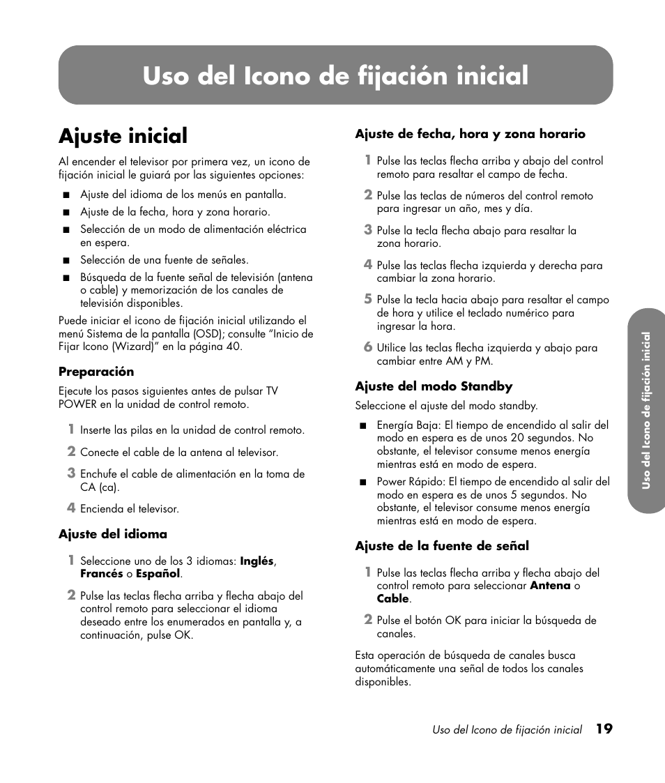 Uso del icono de fijación inicial, Ajuste inicial | HP PL4260N User Manual | Page 153 / 186