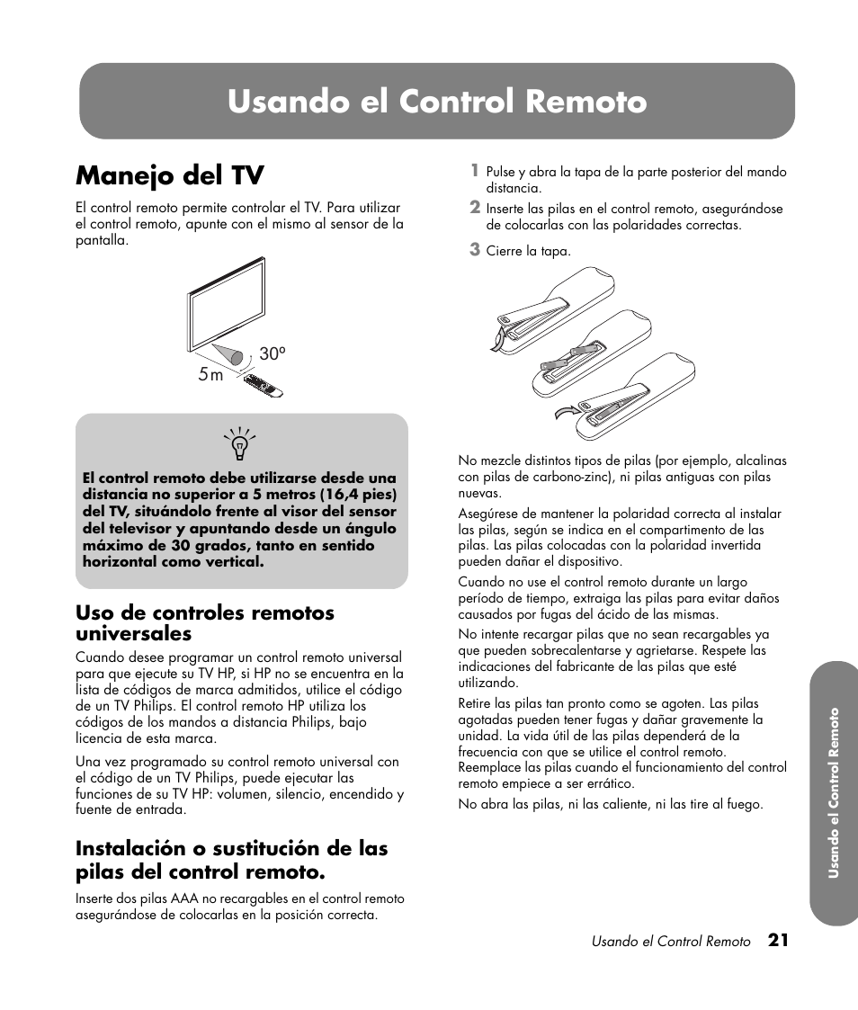 Usando el control remoto, Manejo del tv, Uso de controles remotos universales | HP PL4260N User Manual | Page 155 / 186