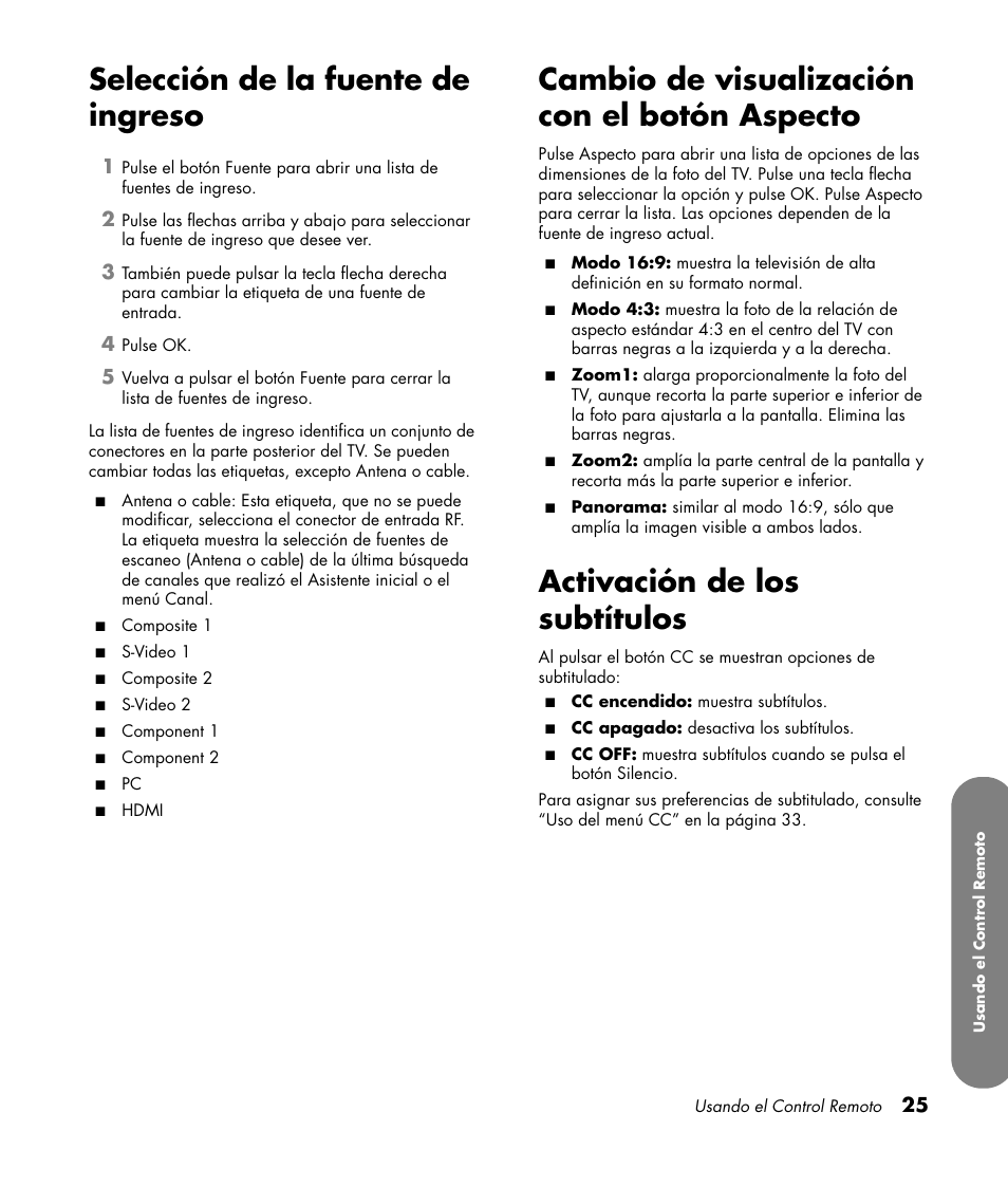 Selección de la fuente de ingreso, Cambio de visualización con el botón aspecto, Activación de los subtítulos | HP PL4260N User Manual | Page 159 / 186