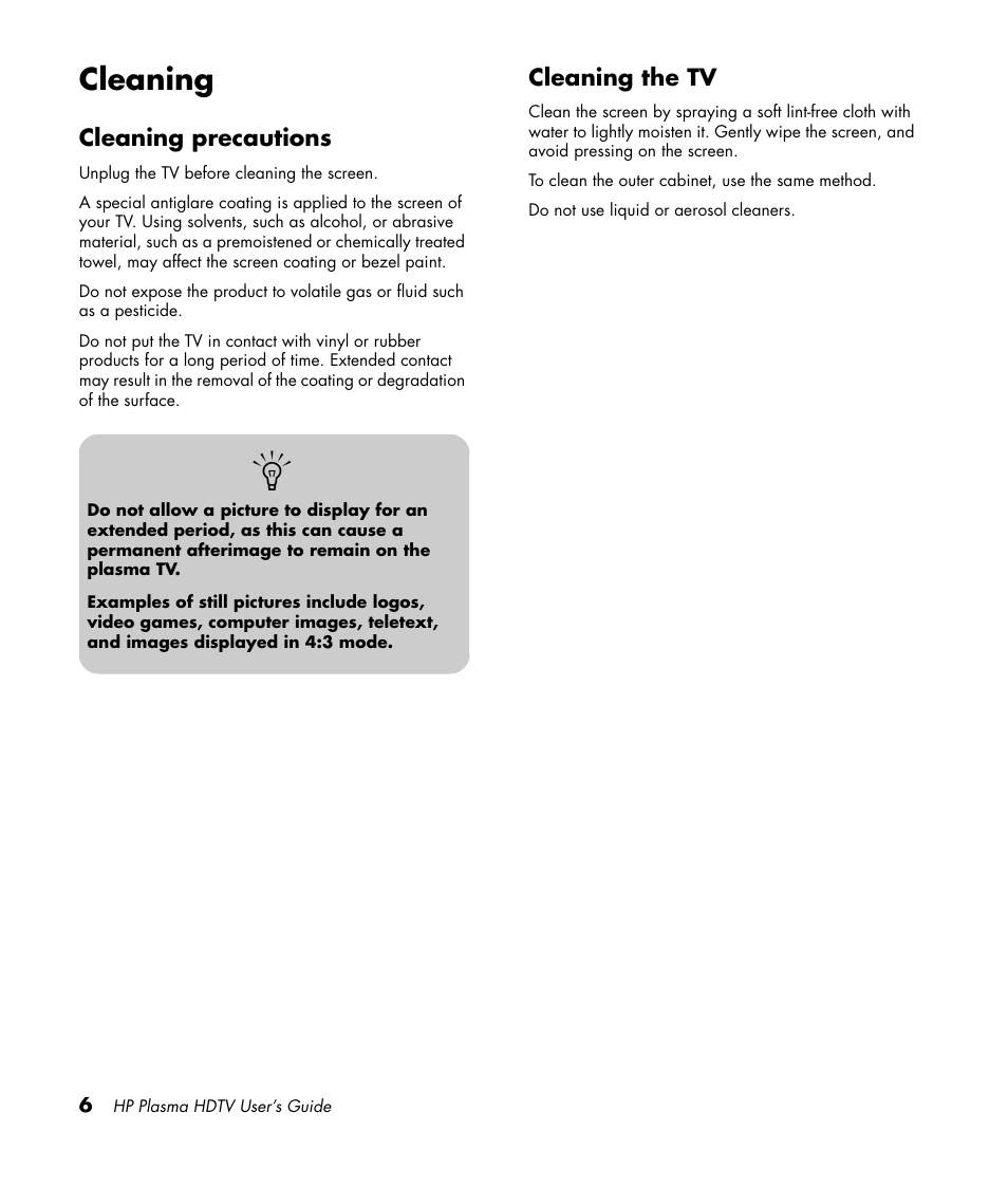 Cleaning, Cleaning precautions, Cleaning the tv | Cleaning precautions cleaning the tv | HP PL4260N User Manual | Page 16 / 186