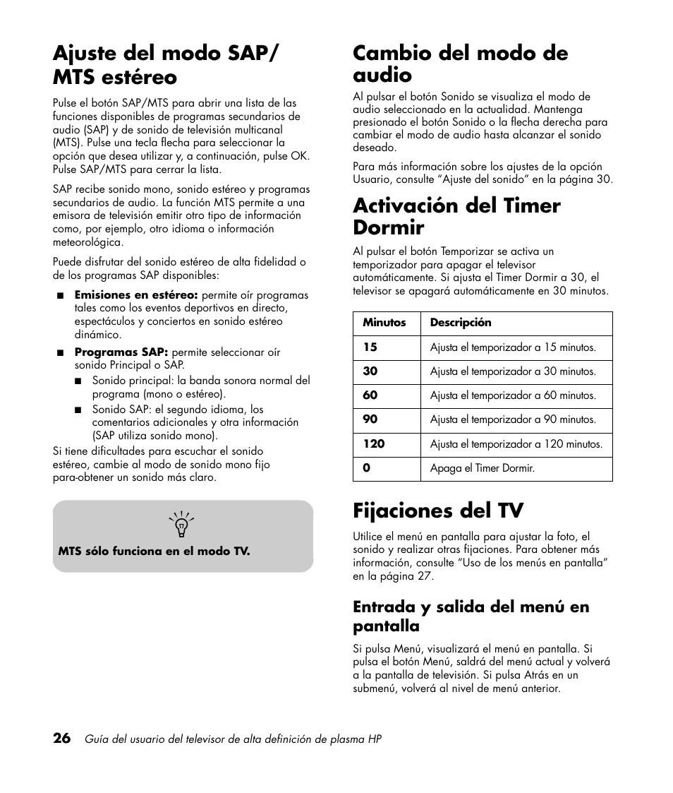 Ajuste del modo sap/ mts estéreo, Cambio del modo de audio, Activación del timer dormir | Fijaciones del tv, Entrada y salida del menú en pantalla | HP PL4260N User Manual | Page 160 / 186