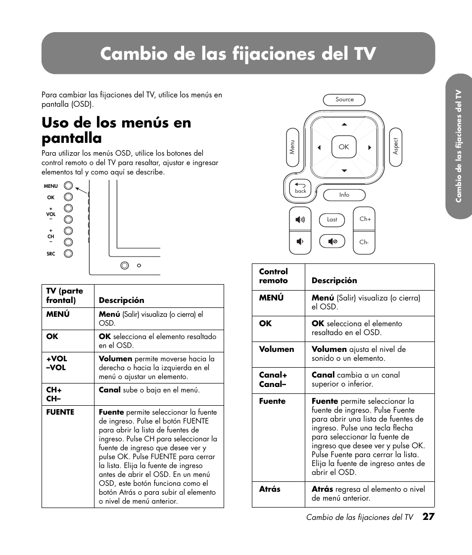 Cambio de las fijaciones del tv, Uso de los menús en pantalla | HP PL4260N User Manual | Page 161 / 186