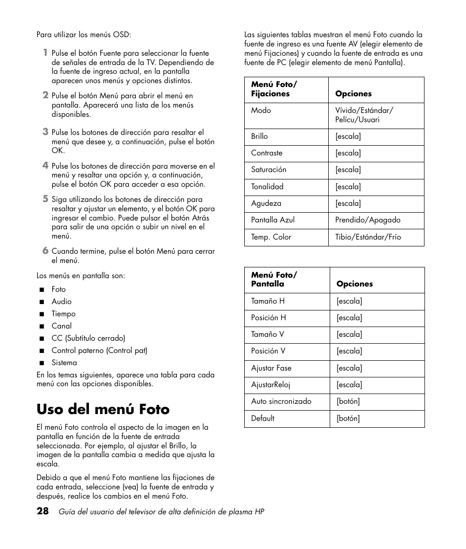 Uso del menú foto | HP PL4260N User Manual | Page 162 / 186