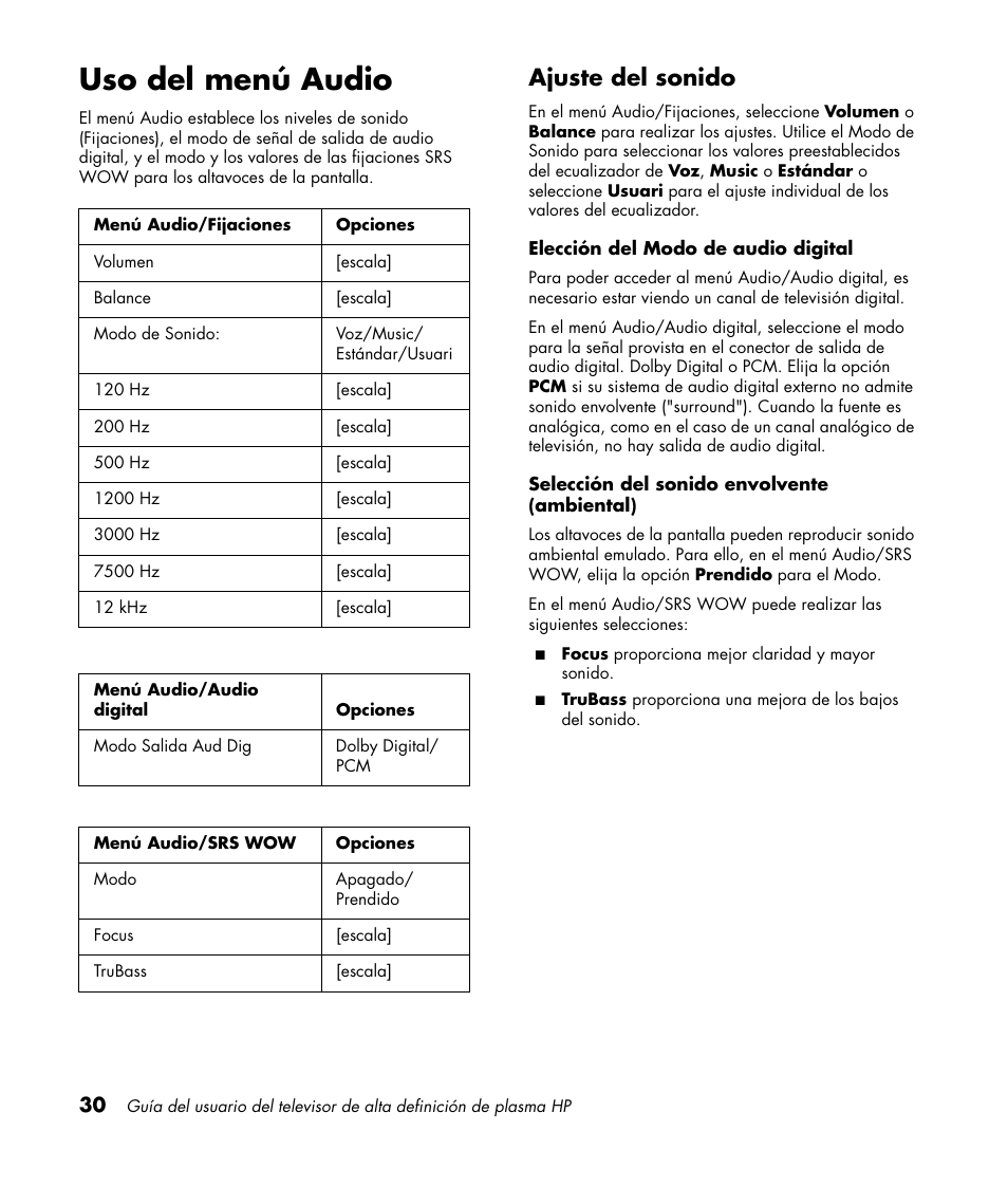 Uso del menú audio, Ajuste del sonido | HP PL4260N User Manual | Page 164 / 186