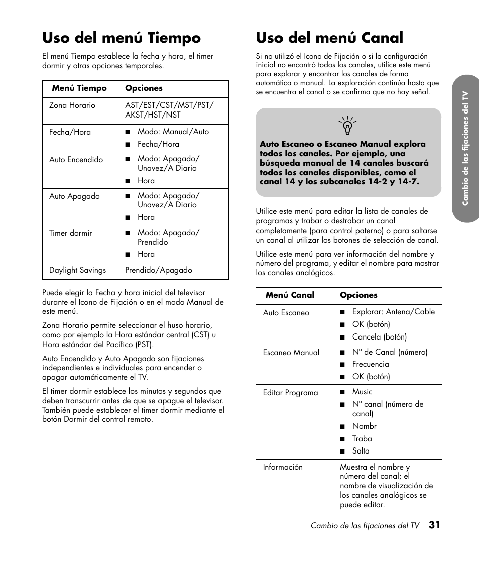 Uso del menú tiempo, Uso del menú canal, Uso del menú tiempo uso del menú canal | HP PL4260N User Manual | Page 165 / 186