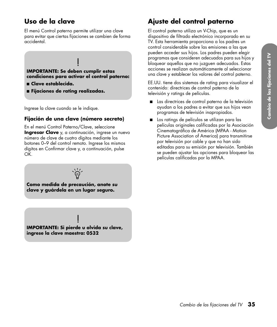 Uso de la clave, Ajuste del control paterno, Uso de la clave ajuste del control paterno | HP PL4260N User Manual | Page 169 / 186