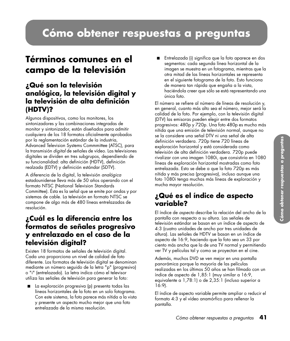 Cómo obtener respuestas a preguntas, Términos comunes en el campo de la televisión, Qué es el índice de aspecto variable | HP PL4260N User Manual | Page 175 / 186