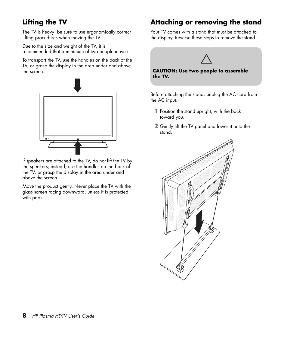 Lifting the tv, Attaching or removing the stand, Lifting the tv attaching or removing the stand | HP PL4260N User Manual | Page 18 / 186