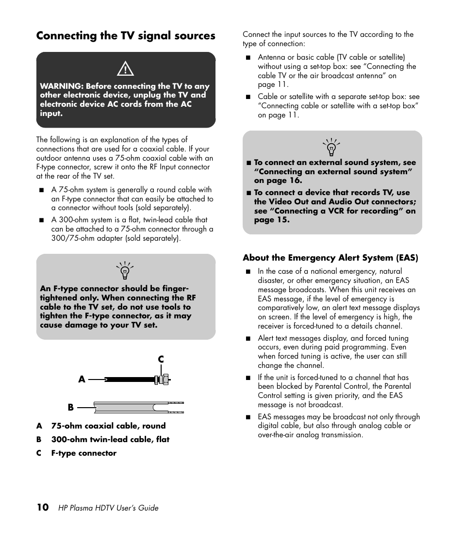 Connecting the tv signal sources | HP PL4260N User Manual | Page 20 / 186