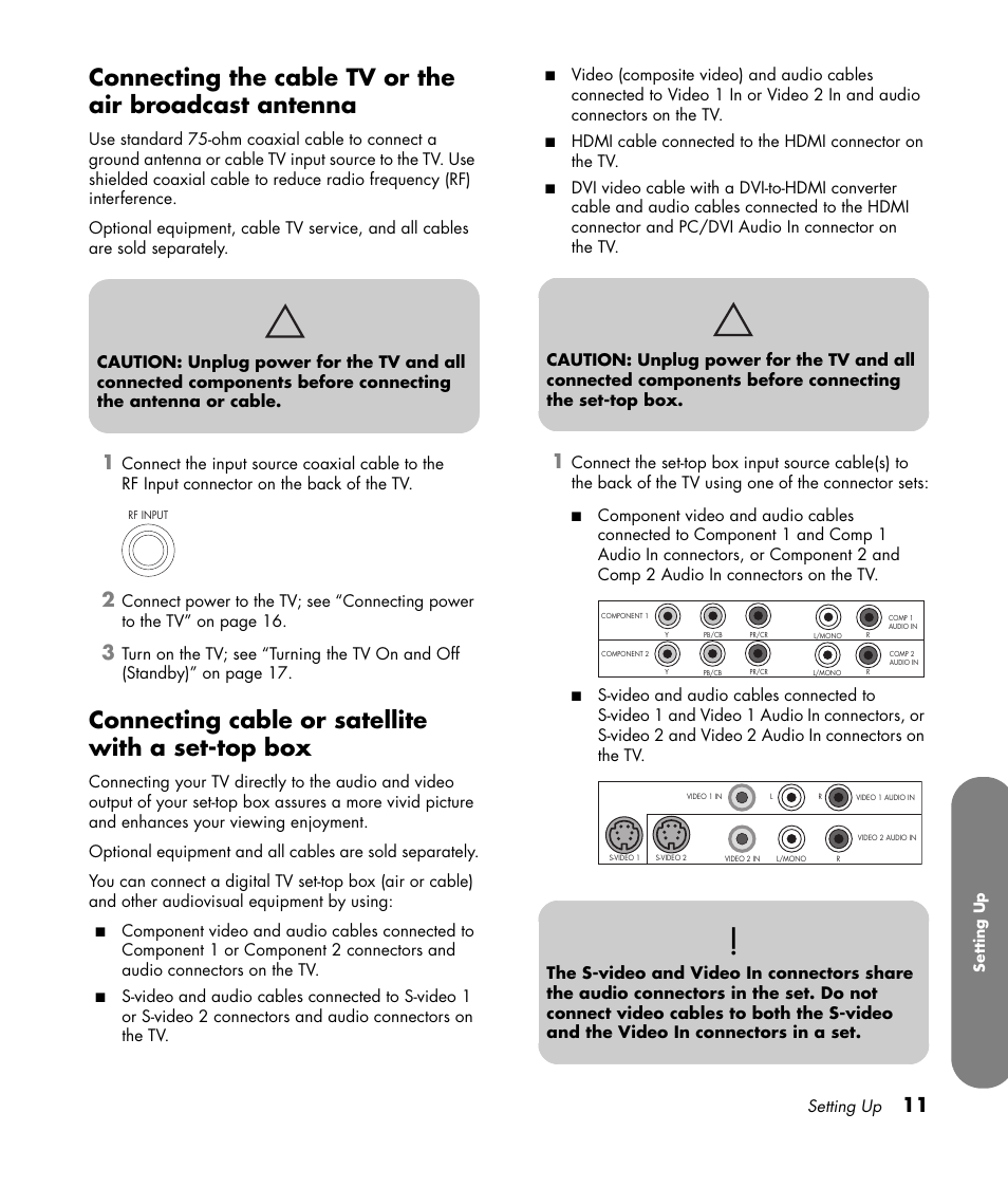 Connecting cable or satellite with a set-top box | HP PL4260N User Manual | Page 21 / 186