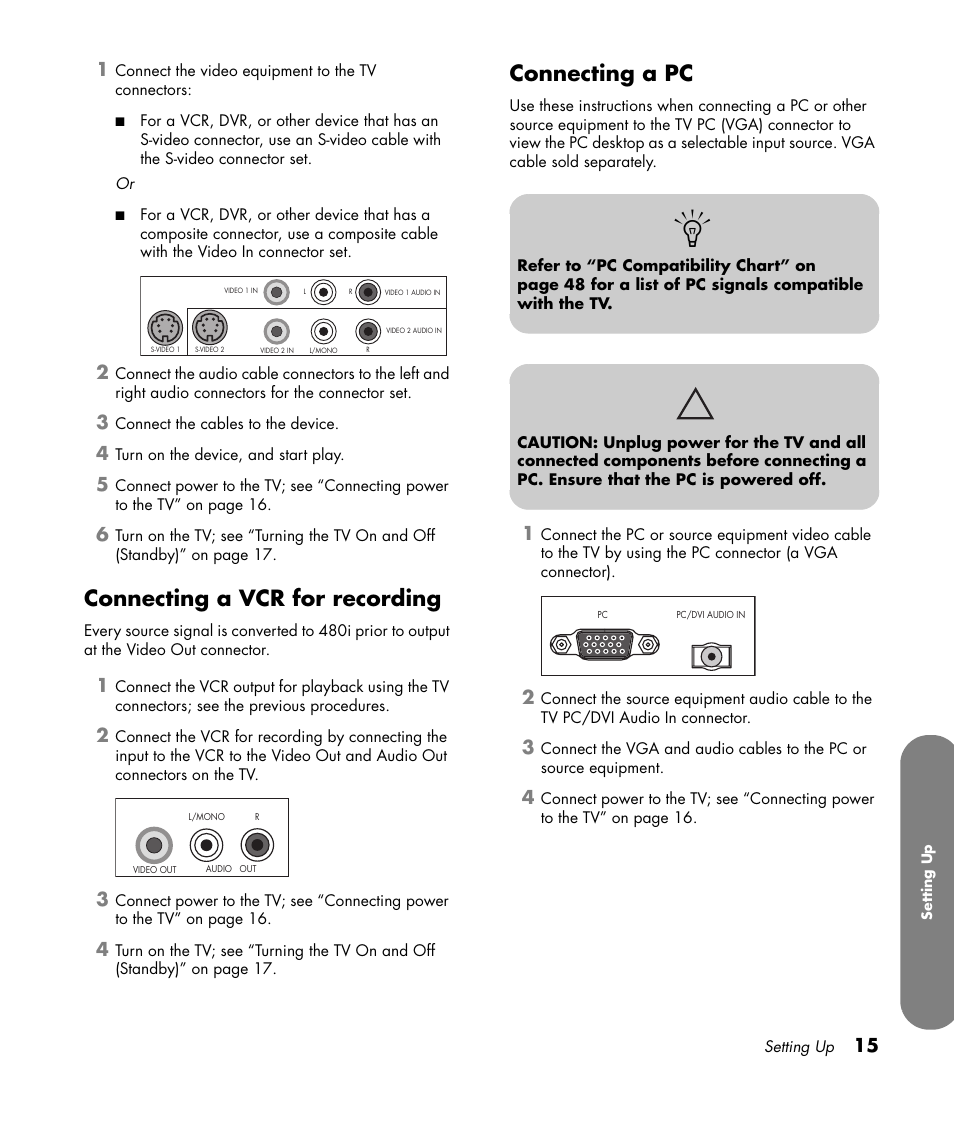 Connecting a vcr for recording, Connecting a pc, Connecting a vcr for recording connecting a pc | HP PL4260N User Manual | Page 25 / 186