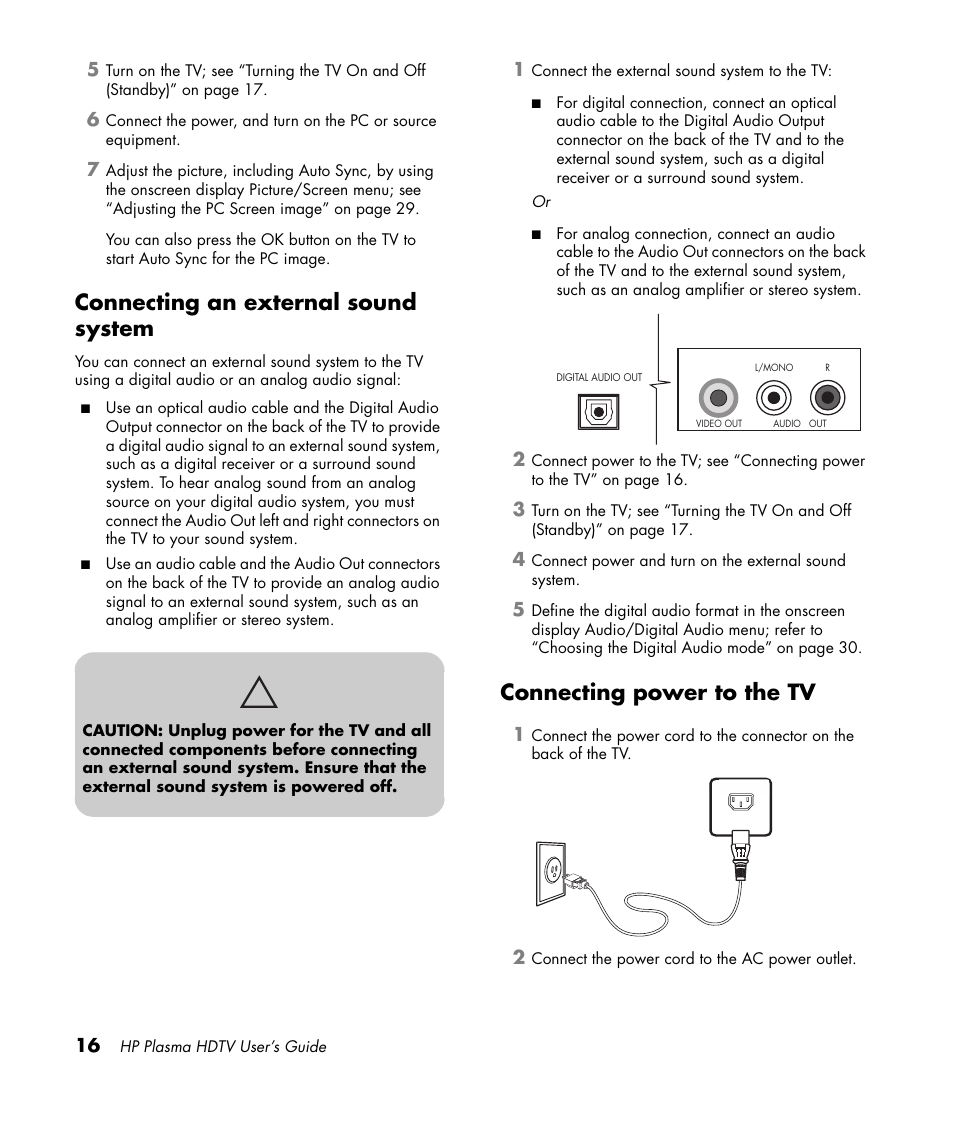 Connecting an external sound system, Connecting power to the tv | HP PL4260N User Manual | Page 26 / 186