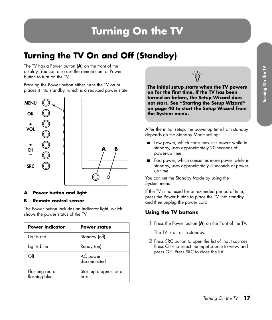 Turning on the tv, Turning the tv on and off (standby) | HP PL4260N User Manual | Page 27 / 186