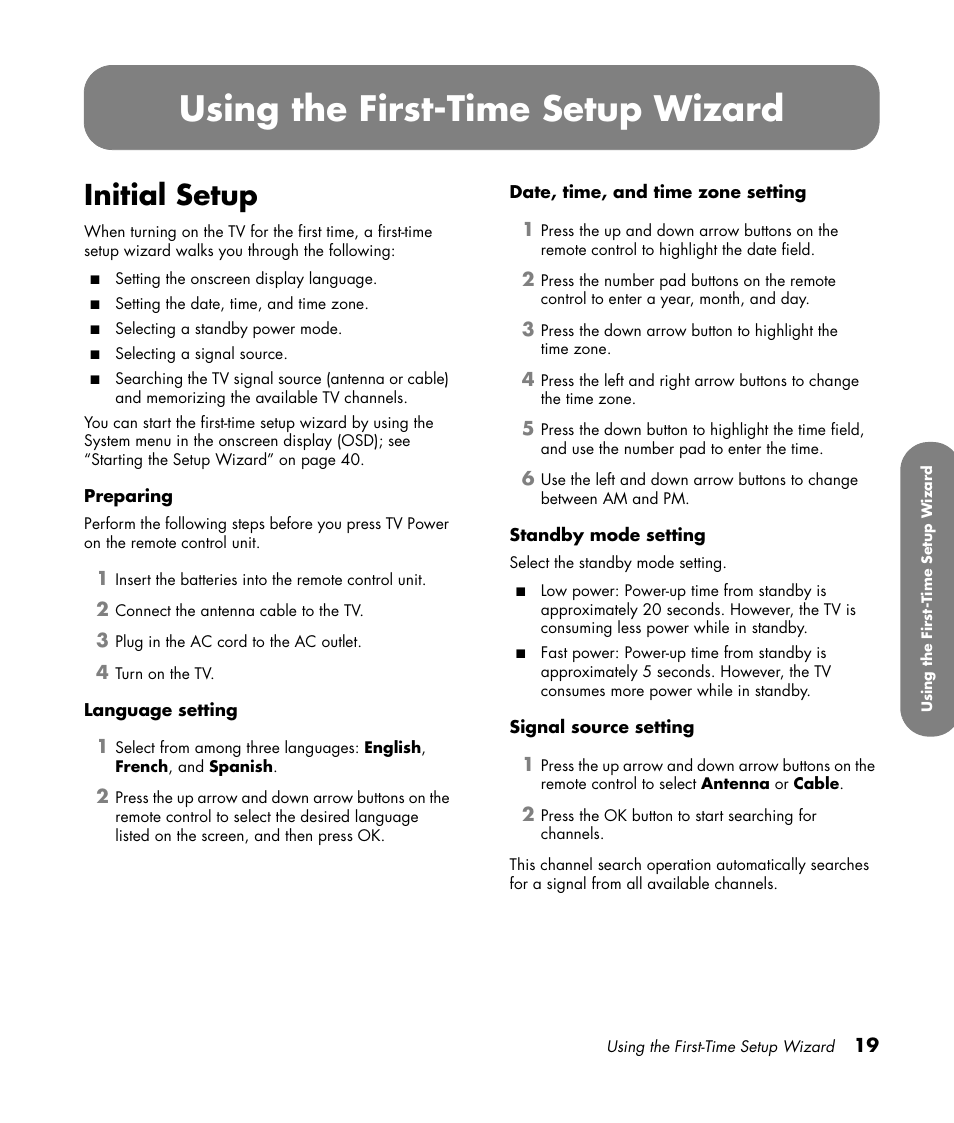 Using the first-time setup wizard, Initial setup | HP PL4260N User Manual | Page 29 / 186