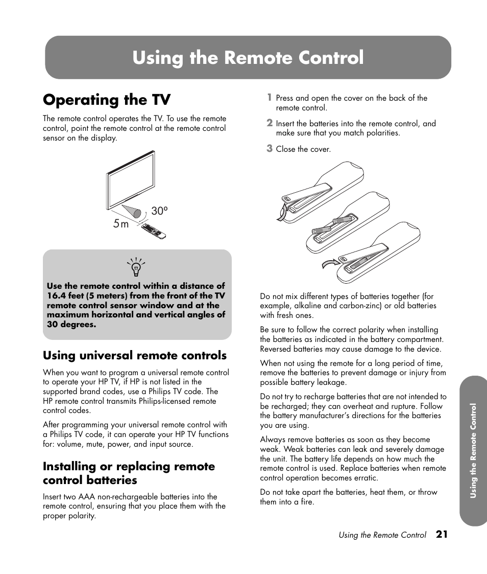 Using the remote control, Operating the tv, Using universal remote controls | Installing or replacing remote control batteries | HP PL4260N User Manual | Page 31 / 186