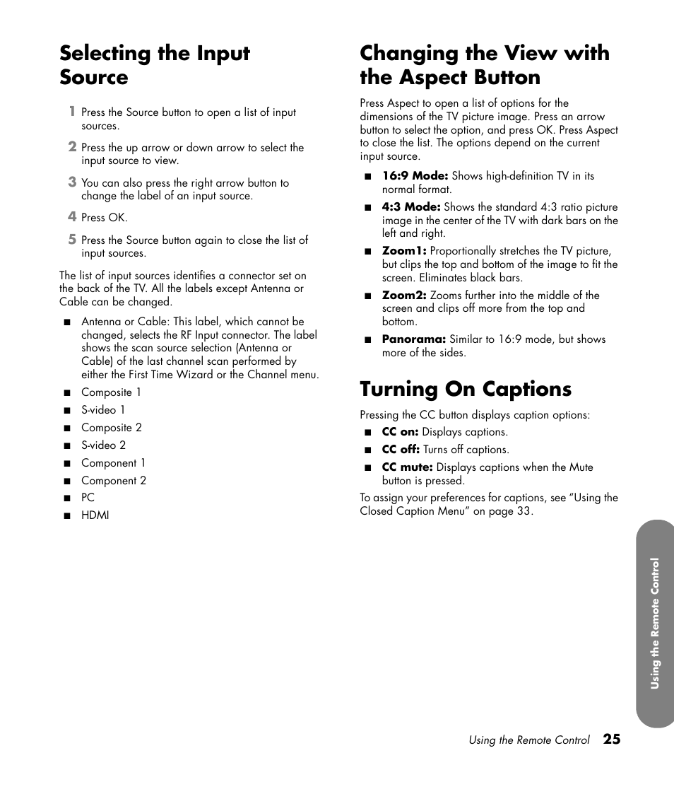 Selecting the input source, Changing the view with the aspect button, Turning on captions | HP PL4260N User Manual | Page 35 / 186