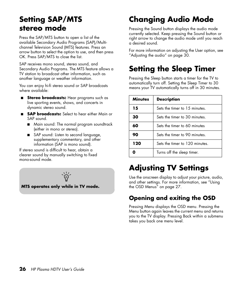 Setting sap/mts stereo mode, Changing audio mode, Setting the sleep timer | Adjusting tv settings, Opening and exiting the osd | HP PL4260N User Manual | Page 36 / 186