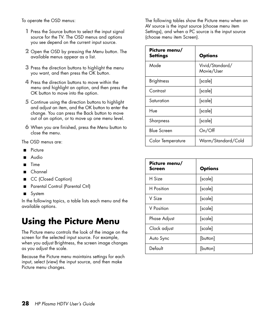 Using the picture menu | HP PL4260N User Manual | Page 38 / 186