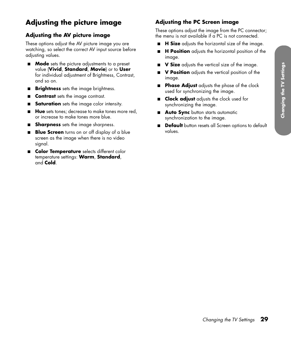 Adjusting the picture image | HP PL4260N User Manual | Page 39 / 186