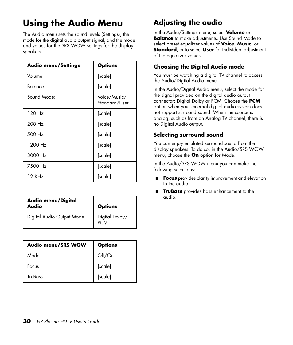 Using the audio menu, Adjusting the audio | HP PL4260N User Manual | Page 40 / 186