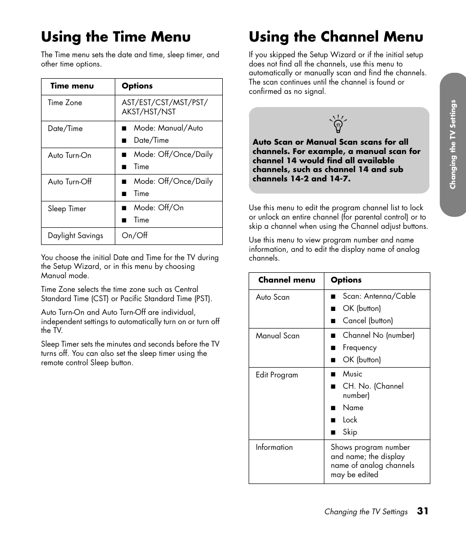 Using the time menu, Using the channel menu, Using the time menu using the channel menu | HP PL4260N User Manual | Page 41 / 186