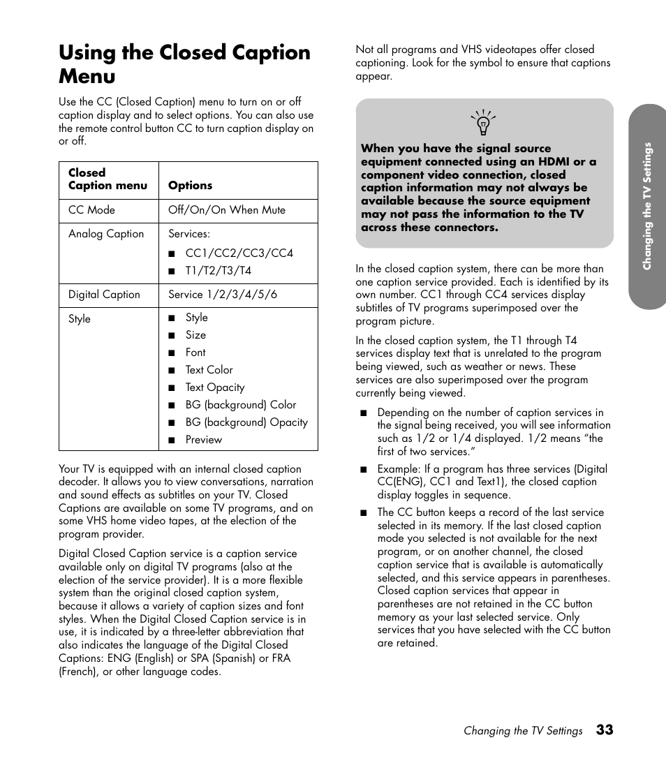 Using the closed caption menu | HP PL4260N User Manual | Page 43 / 186