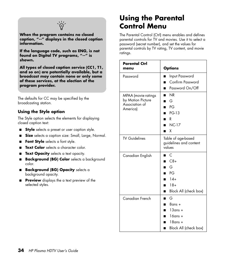 Using the parental control menu | HP PL4260N User Manual | Page 44 / 186