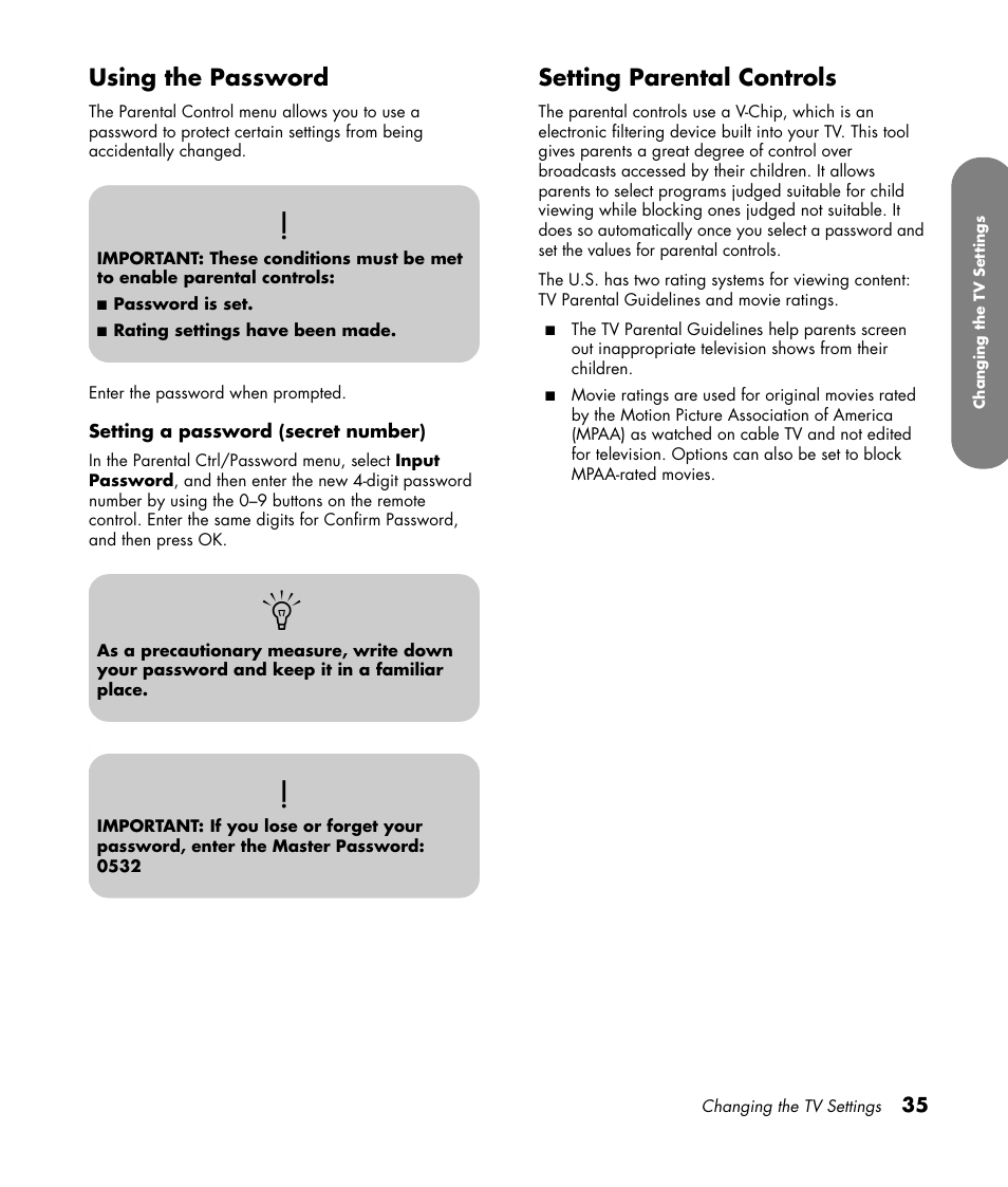 Using the password, Setting parental controls, Using the password setting parental controls | HP PL4260N User Manual | Page 45 / 186
